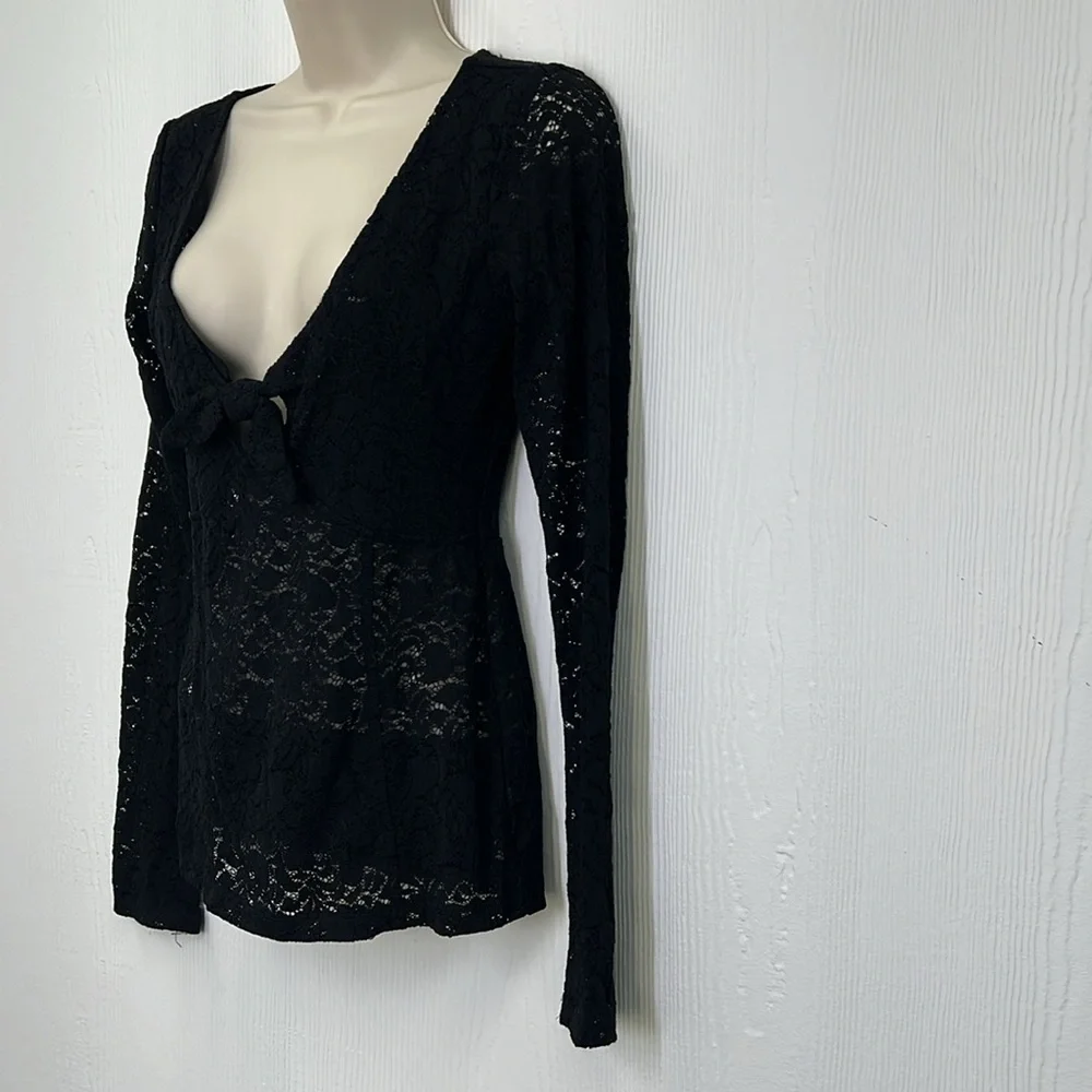Free People - In Your Arms Black Lace Knotted Front Long Sleeve Blouse Size SM